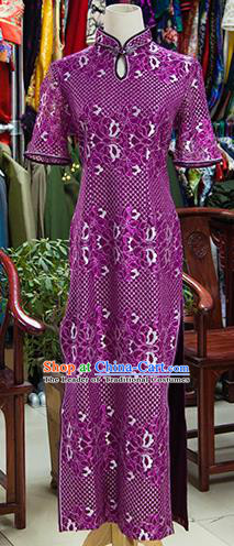 Traditional Ancient Chinese Republic of China Purple Silk Cheongsam, Asian Chinese Chirpaur Printing Qipao Dress Clothing for Women