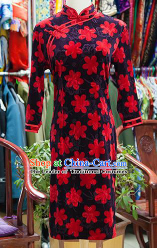 Traditional Ancient Chinese Republic of China Cheongsam, Asian Chinese Chirpaur Printing Red Flowers Qipao Dress Clothing for Women