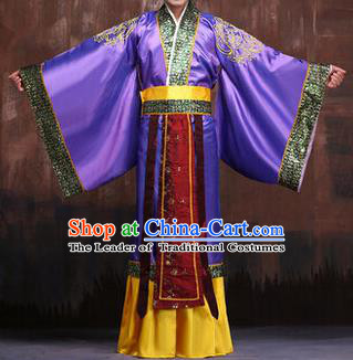 Traditional Ancient Chinese Emperor Royal Highness Costume, Asian Chinese Han Dynasty Majesty Purple Clothing for Men