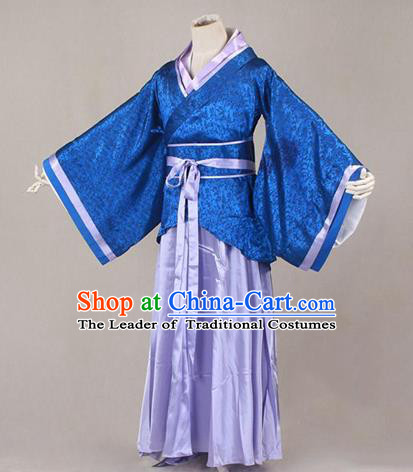 Asian China Ancient Han Dynasty Palace Lady Costume, Traditional Chinese Hanfu Embroidered Blue Curve Bottom Clothing for Women