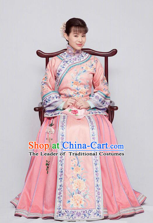 Traditional Ancient Chinese Republic of China Nobility Lady Costume, Asian Chinese Late Qing Dynasty Embroidered Pink Xiuhe Suit Clothing for Women