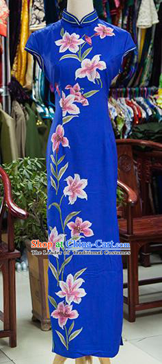 Traditional Ancient Chinese Republic of China Printing Flowers Blue Cheongsam, Asian Chinese Chirpaur Qipao Dress Clothing for Women