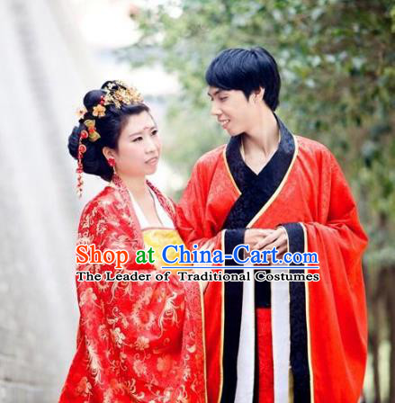 Traditional Chinese Ancient Wedding Costume Complete Set, Asian China Tang Dynasty Bride and Bridegroom Red Clothing for Women for Men