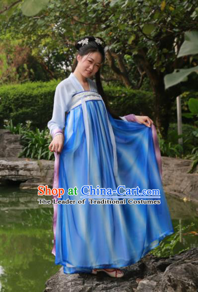 Traditional Ancient Chinese Imperial Princess Hanfu Blue Costume, Asian China Tang Dynasty Palace Lady Dress Clothing for Women