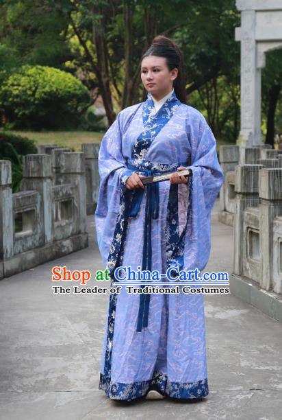 Traditional Ancient Chinese Scholar Hanfu Costume, Asian China Han Dynasty Swordsman Blue Robe Clothing for Men