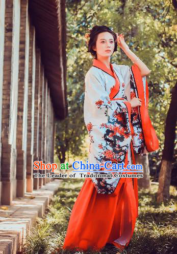 Traditional Chinese Ancient Palace Lady Printing Wintersweet Costume Curve Bottom, Asian China Han Dynasty Imperial Concubine Hanfu Dress Clothing for Women