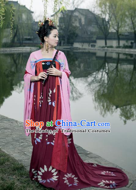 Traditional Chinese Ancient Costume Palace Lady Red Slip Skirt, Asian China Tang Dynasty Imperial Princess Hanfu Dress Clothing for Women