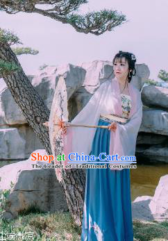 Traditional Chinese Ancient Palace Lady Costume, Asian China Tang Dynasty Imperial Princess Hanfu Blue Dress Clothing for Women