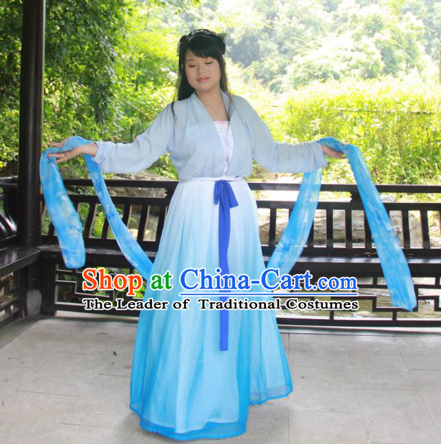 Traditional Ancient Chinese Princess Hanfu Costume, Asian China Tang Dynasty Palace Lady Blue Dress Clothing for Women