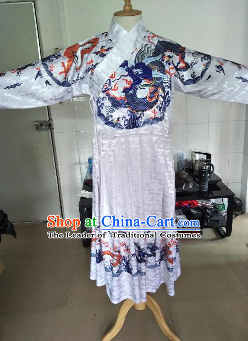 Traditional Ancient Chinese Swordsman Hanfu Costume White Embroidered Robe, Asian China Ming Dynasty Emperor Clothing for Men