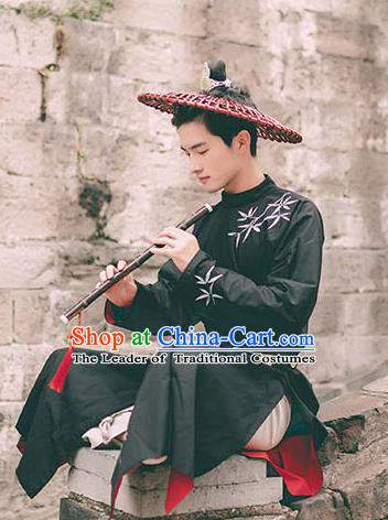 Traditional Ancient Chinese Swordsman Hanfu Costume Embroidered Black Long Robe, Asian China Tang Dynasty Clothing for Men