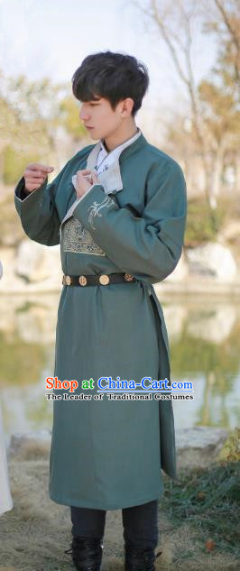 Traditional Ancient Chinese Swordsman Hanfu Costume Embroidered Green Long Robe, Asian China Tang Dynasty Clothing for Men