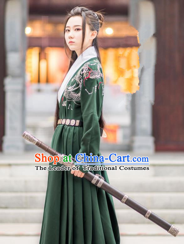 Traditional Ancient Chinese Swordsman Hanfu Costume Embroidered Green Long Robe, Asian China Ming Dynasty Imperial Guards Clothing for Men