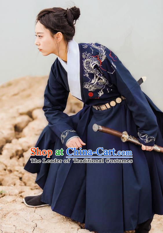 Traditional Ancient Chinese Swordsman Hanfu Costume Embroidered Blue Long Robe, Asian China Ming Dynasty Imperial Guards Clothing for Men