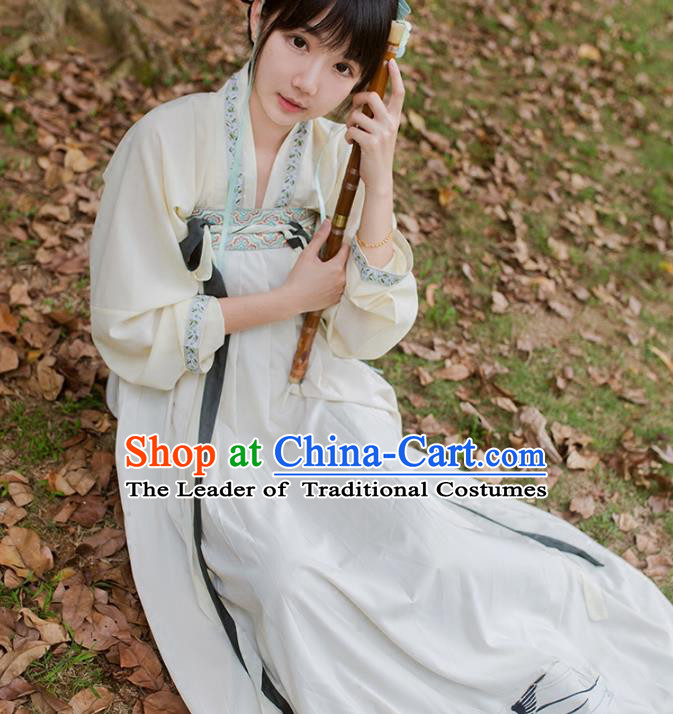 Traditional Ancient Chinese Palace Lady Hanfu Costume White Embroidered Blouse and Skirt, Asian China Tang Dynasty Princess Dress Clothing for Women