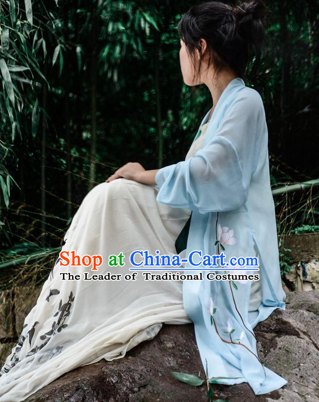Traditional Ancient Chinese Young Lady Hanfu Costume Blue Embroidered BeiZi, Asian China Tang Dynasty Imperial Princess Cardigan Clothing for Women