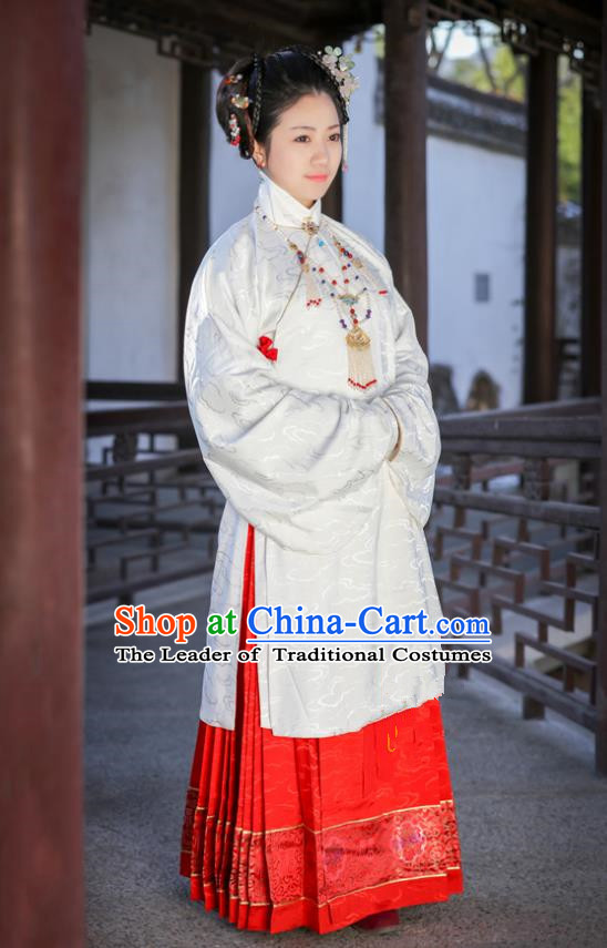 Traditional Chinese Ancient Costume Princess Embroidered White Blouse and Skirt, Asian China Ming Dynasty Palace Lady Hanfu Clothing for Women