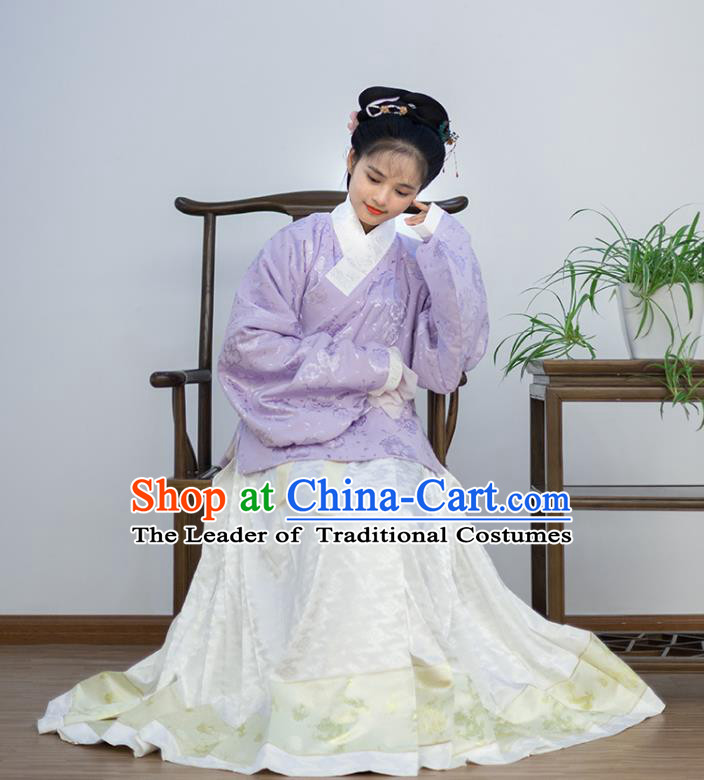 Traditional Chinese Ancient Costume Palace Lady Embroidered Purple Blouse and Skirt, Asian China Ming Dynasty Princess Hanfu Dress Clothing for Women