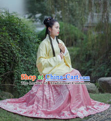 Traditional Chinese Ancient Costume Palace Lady Embroidered Yellow Blouse and Skirt, Asian China Ming Dynasty Princess Hanfu Dress Clothing for Women
