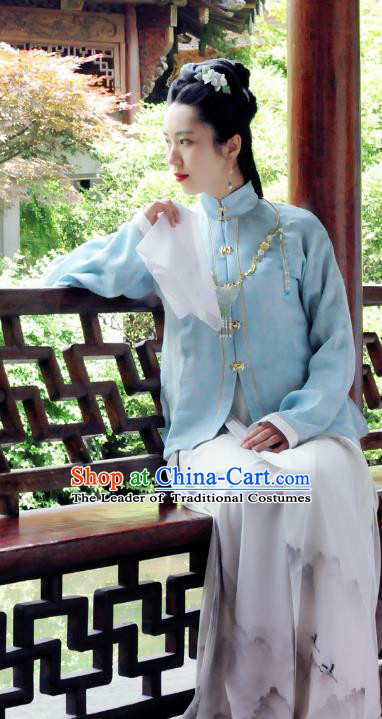 Traditional Chinese Ancient Costume Palace Lady Embroidered Blue Blouse and Skirt, Asian China Ming Dynasty Princess Hanfu Dress Clothing for Women