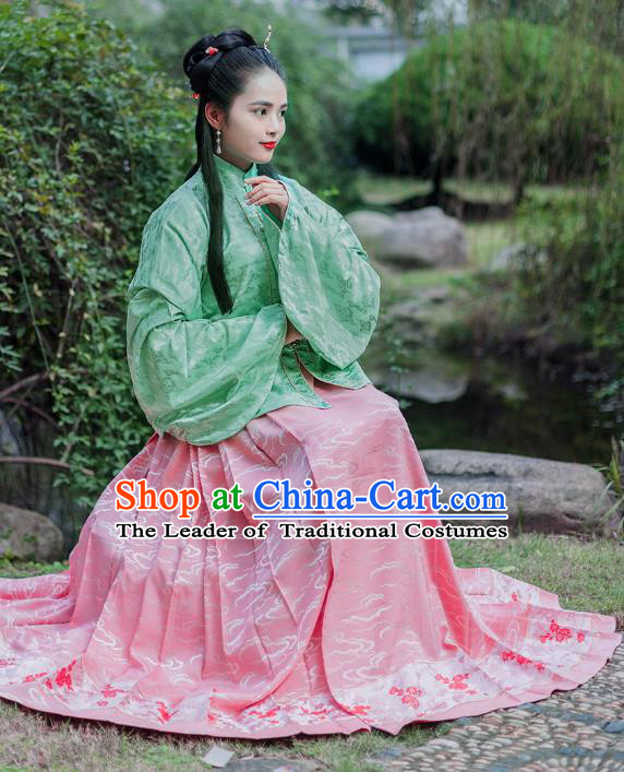 Traditional Chinese Ancient Costume Princess Embroidered Green Blouse and Skirt, Asian China Ming Dynasty Nobility Lady Hanfu Clothing for Women