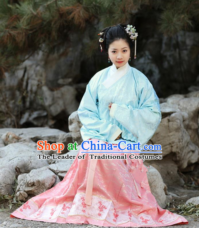 Traditional Chinese Ancient Costume Princess Blouse and Pink Skirt, Asian China Ming Dynasty Palace Lady Hanfu Clothing for Women