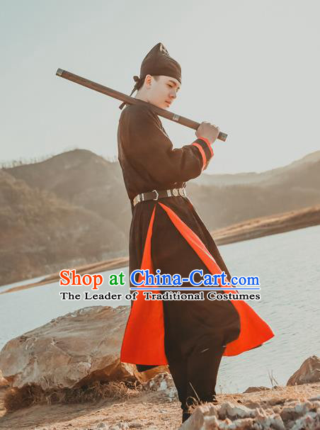 Traditional Ancient Chinese Swordsman Hanfu Costume Embroidered Black Robe, Asian China Tang Dynasty Imperial Guards Clothing for Men