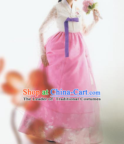 Traditional Korean Costumes Bride Formal Attire Ceremonial White Lace Blouse and Full Dress, Korea Hanbok Court Embroidered Wedding Clothing for Women