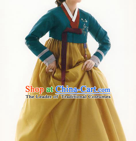 Traditional Korean Costumes Bride Formal Attire Ceremonial Green Blouse and Yellow Dress, Korea Hanbok Court Embroidered Clothing for Women