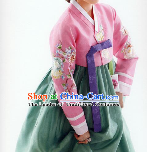 Traditional Korean Costumes Bride Formal Attire Ceremonial Pink Blouse and Green Dress, Korea Hanbok Court Embroidered Clothing for Women