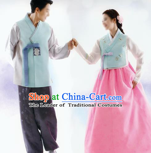 Traditional Korean Costumes Bride and Bridegroom Blue Cloth Complete Set, Korea Hanbok Court Embroidered Clothing for Women for Men