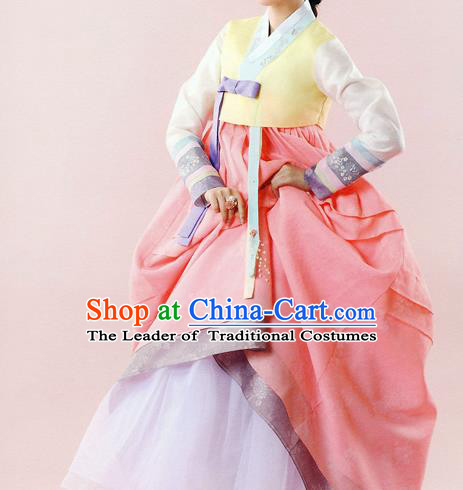 Traditional Korean Costumes Bride Wedding Yellow Blouse and Pink Dress, Korea Hanbok Court Embroidered Clothing for Women