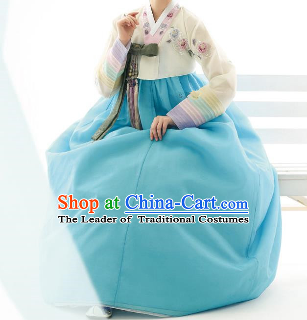 Traditional Korean Costumes Bride Wedding Blue Dress, Korea Hanbok Queen Court Embroidered Clothing for Women