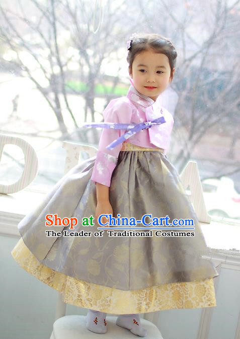 Traditional Korean Handmade Formal Occasions Costume Embroidered Pink Blouse and Grey Dress Hanbok Clothing for Girls