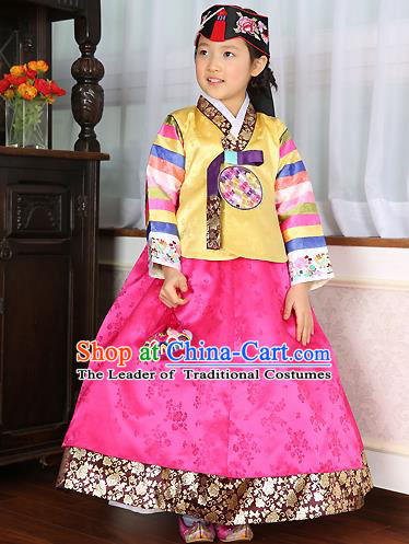 Asian Korean Traditional Handmade Formal Occasions Costume Baby Princess Embroidered Yellow Blouse and Pink Dress Hanbok Clothing for Girls