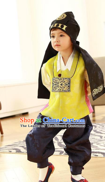 Asian Korean Traditional Handmade Formal Occasions Costume Baby Prince Embroidered Yellow Hanbok Clothing for Boys