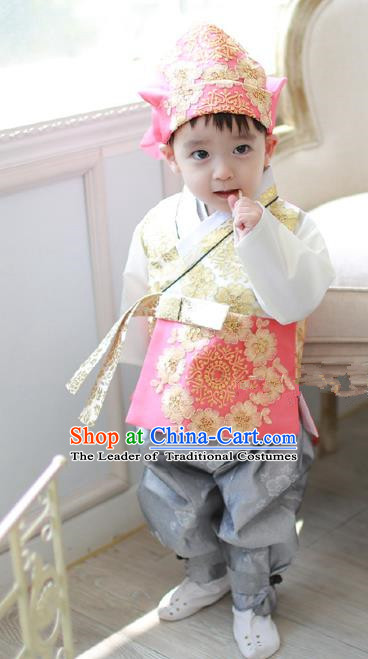 Asian Korean National Traditional Handmade Formal Occasions Costume, Palace Boys Brithday Embroidered Pink Hanbok Clothing for Kids