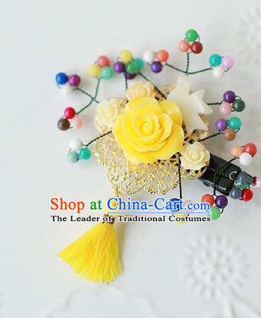 Traditional Korean Hair Accessories Yellow Flowers Hair Stick, Asian Korean Hanbok Fashion Headwear Wedding Tassel Hair Claw for Kids