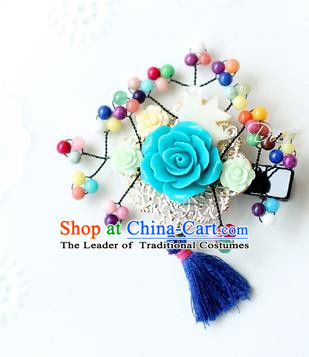 Traditional Korean Hair Accessories Blue Flowers Hair Stick, Asian Korean Hanbok Fashion Headwear Wedding Tassel Hair Claw for Kids