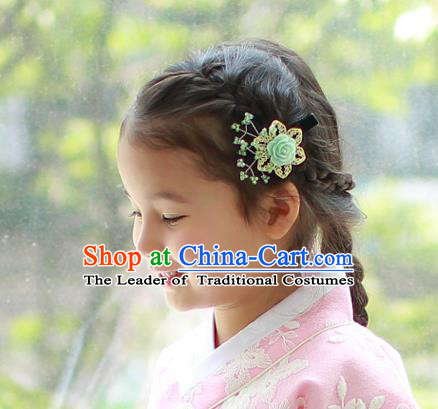 Traditional Korean Hair Accessories Green Rose Hair Stick, Asian Korean Hanbok Fashion Headwear Hair Claw for Kids