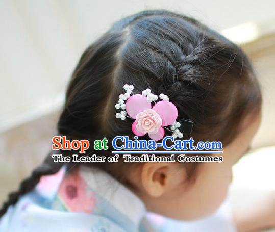 Traditional Korean Hair Accessories Pink Rose Butterfly Hair Stick, Asian Korean Hanbok Fashion Headwear Hair Claw for Kids