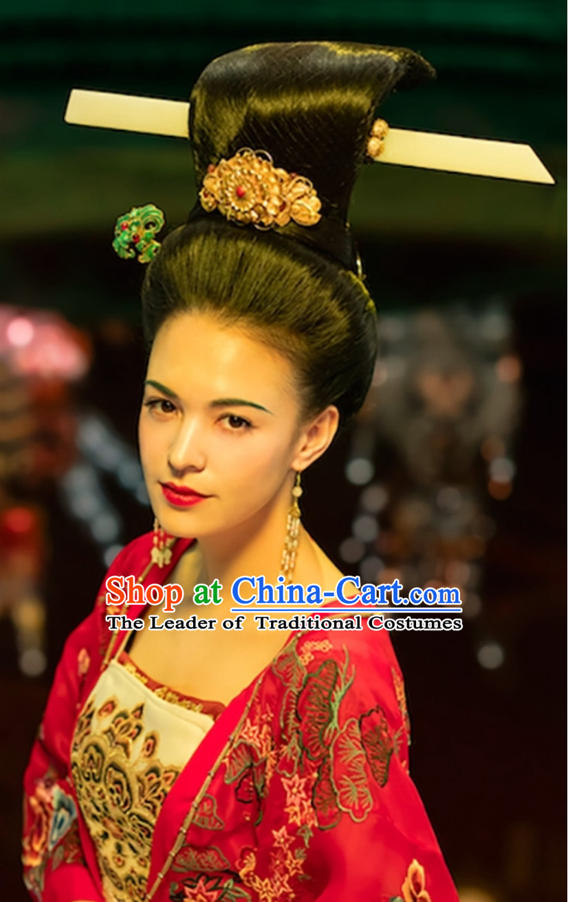 Ancient China Tang Dynasty Empress Beauty Yang Guifei Black Wig and Hair Jewelry
