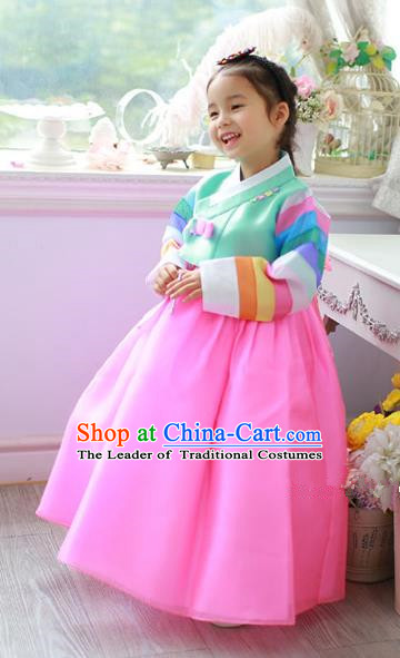 Asian Korean Traditional Handmade Formal Occasions Costume Princess Green Embroidered Blouse and Pink Dress Hanbok Clothing for Girls