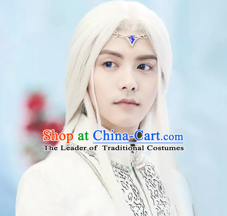 Ancient Chinese Fantasy White Long Wigs and Hair Jewelry for Men