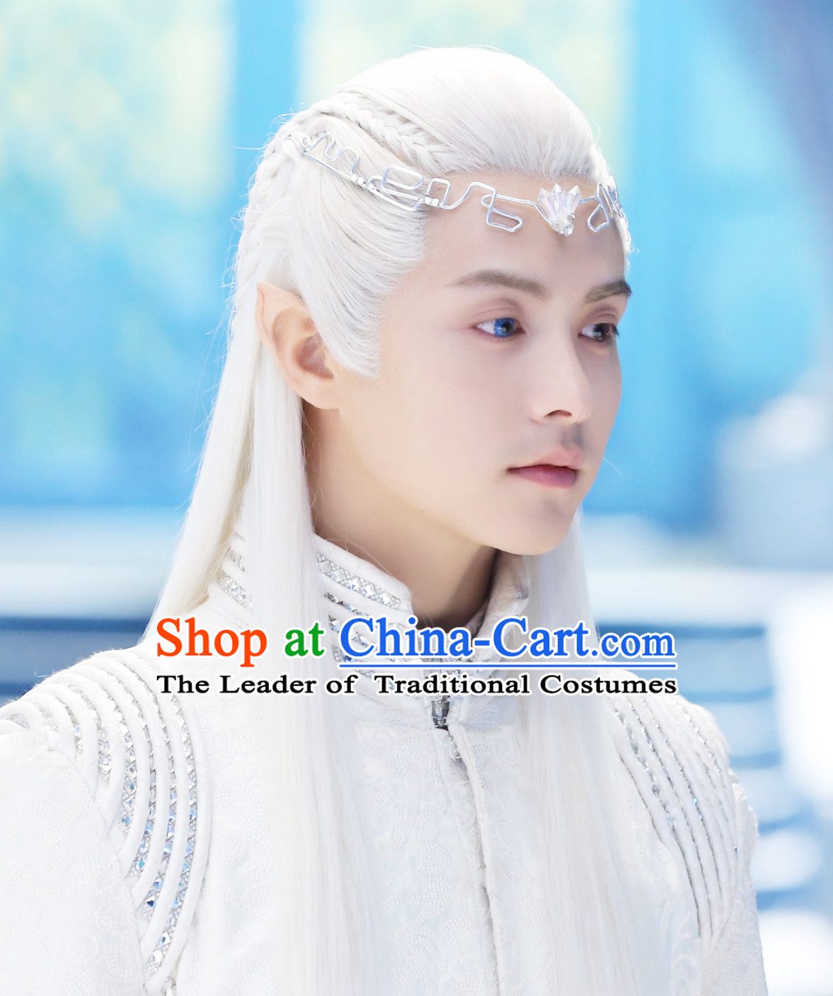 Ancient Chinese Fantasy Drama Style White Long Wigs and Hair Jewelry for Men