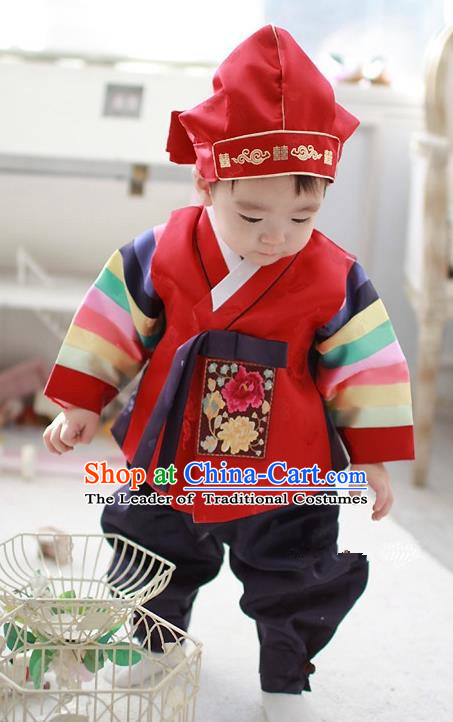 Asian Korean Traditional Handmade Formal Occasions Costume Palace Prince Embroidered Red Hanbok Clothing for Boys