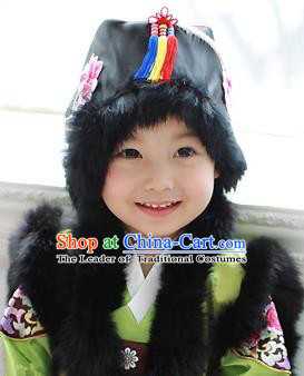 Traditional Korean Hair Accessories Bride Black Embroidered Hats, Asian Korean Fashion Girls Wedding Headwear for Kids