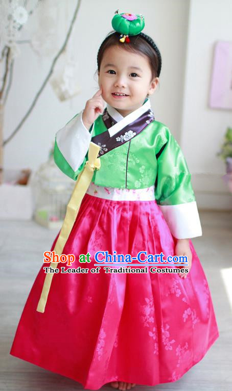 Asian Korean Traditional Handmade Formal Occasions Costume Palace Princess Embroidered Green Blouse and Red Dress Hanbok Clothing for Girls