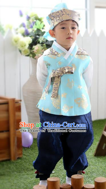 Asian Korean Traditional Handmade Formal Occasions Boys Embroidered Blue Costume Hanbok Clothing for Boys