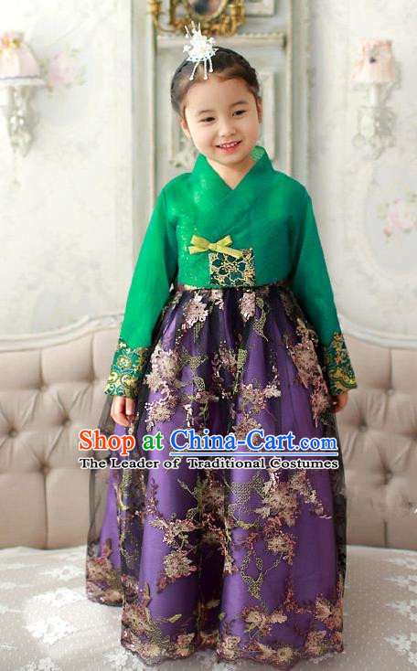 Asian Korean Traditional Handmade Formal Occasions Girls Embroidered Green Blouse and Purple Dress Costume Hanbok Clothing for Kids